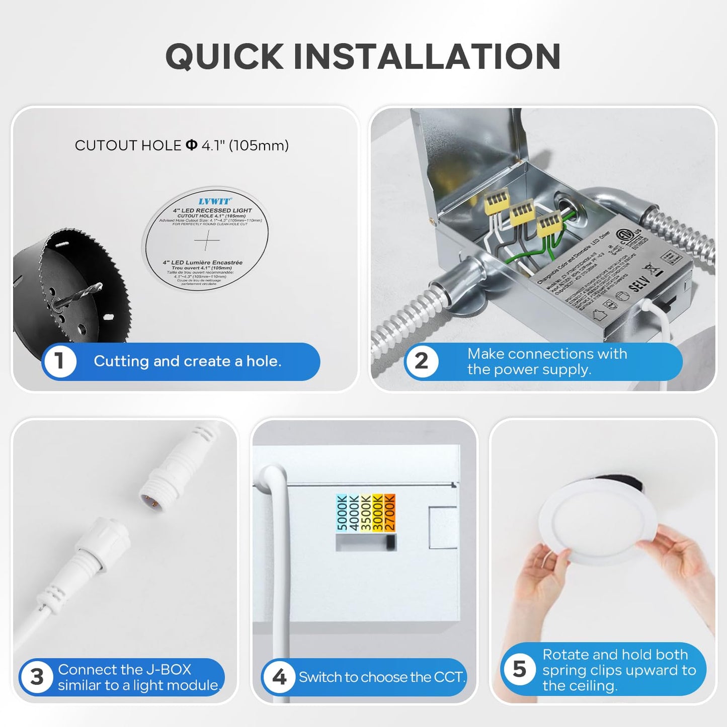 Lvwit 12 Pack Ultra-Thin Recessed Lighting 4 Inch With Junction Box  800Lm 2700K-5000K 5Cct Led Ceiling Lights  Dimmable Canless Wafer Downlight  Etl Fcc&Ic  Smooth Trim