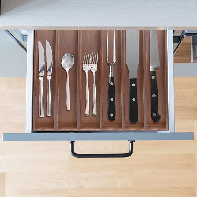Bamboo Drawer Organizer,Kitchen Utensil Organizer Silverware Tray,Cutlery Holder, Wood Storage Box for Flatware, Makeup, Bathroom, Office Desk,15 * 3 * 2,Nut-brown