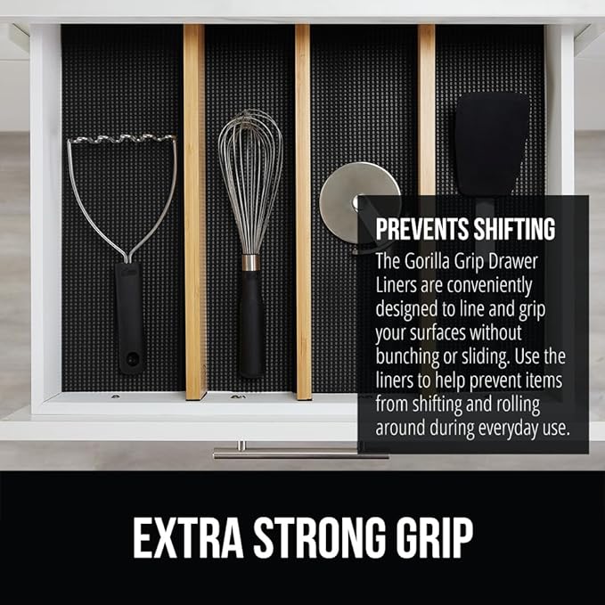 GORILLA GRIP powerGRIP Drawer Shelf and Cabinet Liner, Thick Strong Hold, Non-Adhesive Liners Protect Kitchen Cabinets and Cupboard, Bathroom Drawers, Easy Install, Breathable Mat, 12" x20', Black
