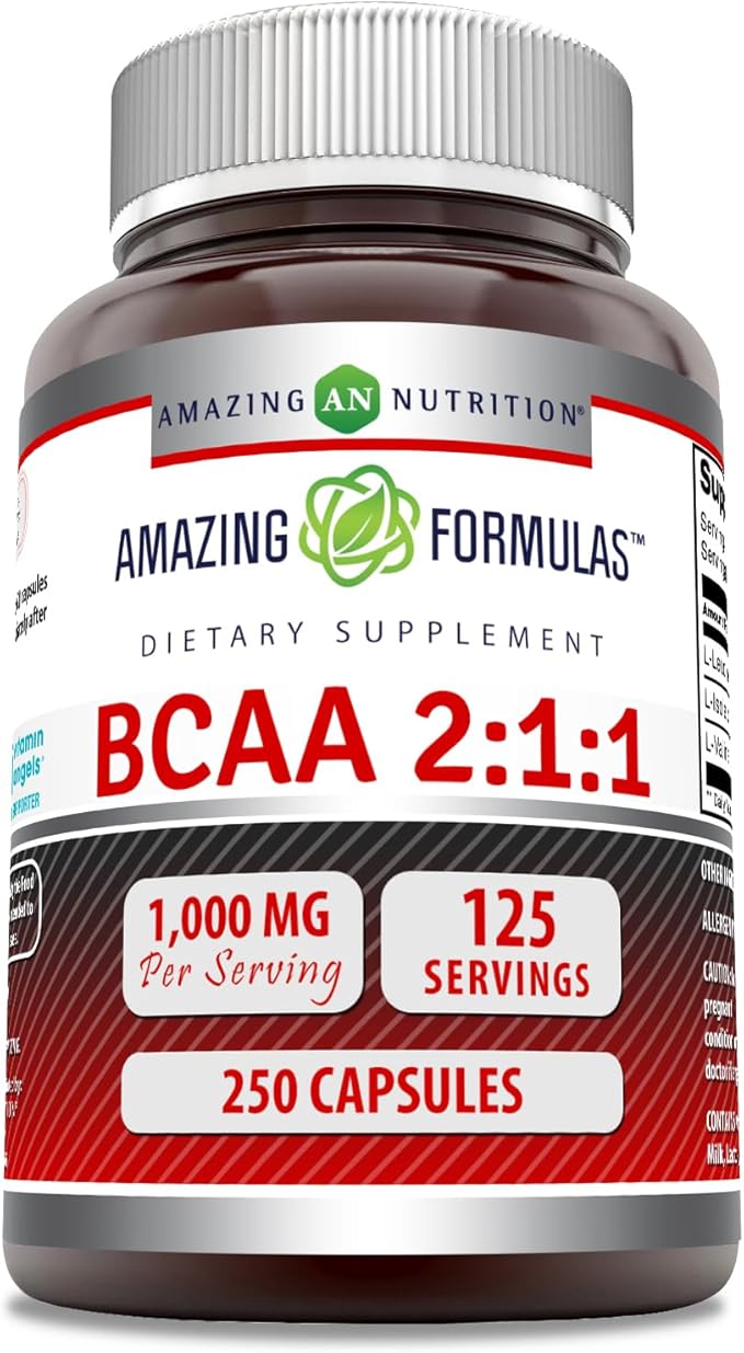 Amazing Formulas BCAA 2:1:1 1000 Mg Per Serving | Capsules | Branched Chain Amino Acids Supplement | Non-GMO | Gluten-Free | Made in USA (1 Pack, 250 Count)