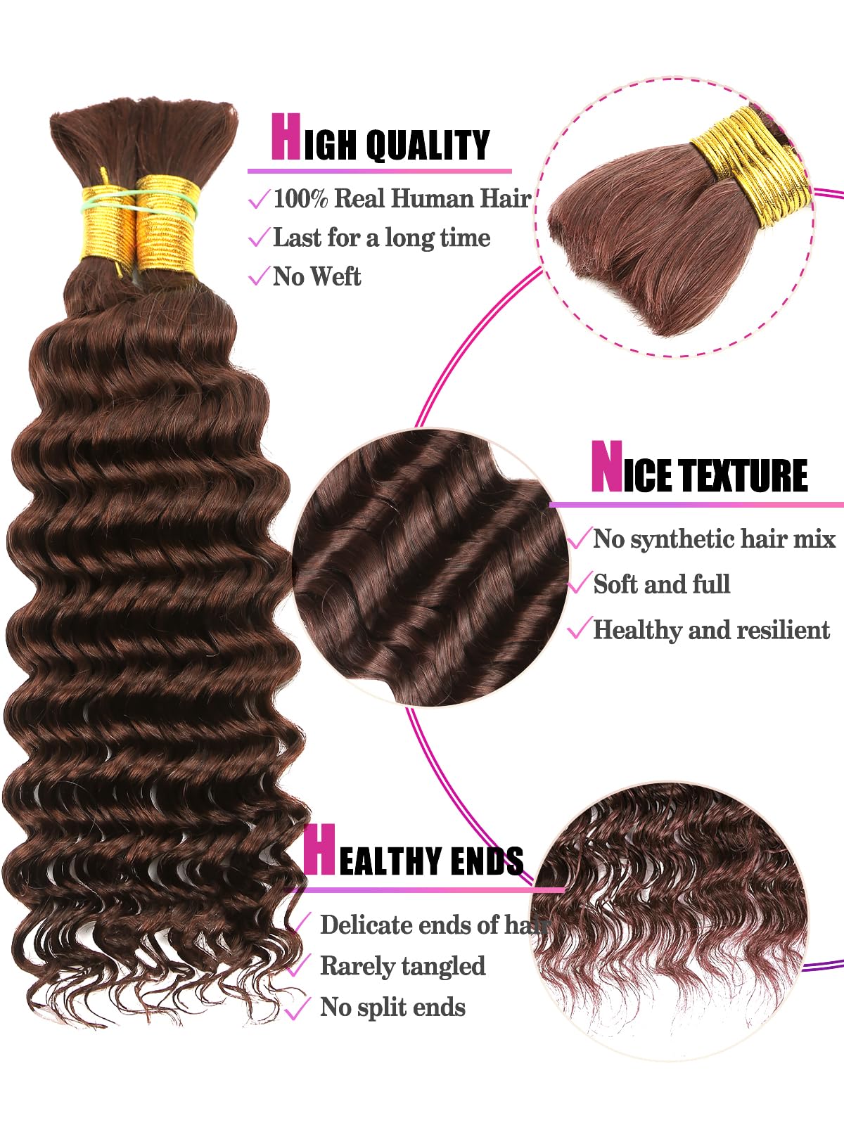 Chocolate Brown Human Braiding Hair Deep Wave Bulk, 4# Color No Weft Curly Braiding Hair Extensions for Boho Braids Wet and Wavy
