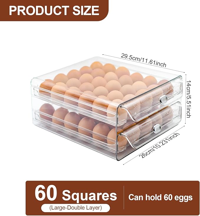 Egg Holder for Refrigerator,60 Eggs Clear Drawer Organizer,2 Layer Stackable Egg Holder Egg Trays,Egg Storage Container with Time Scale for Fridge Countertop Cabinet
