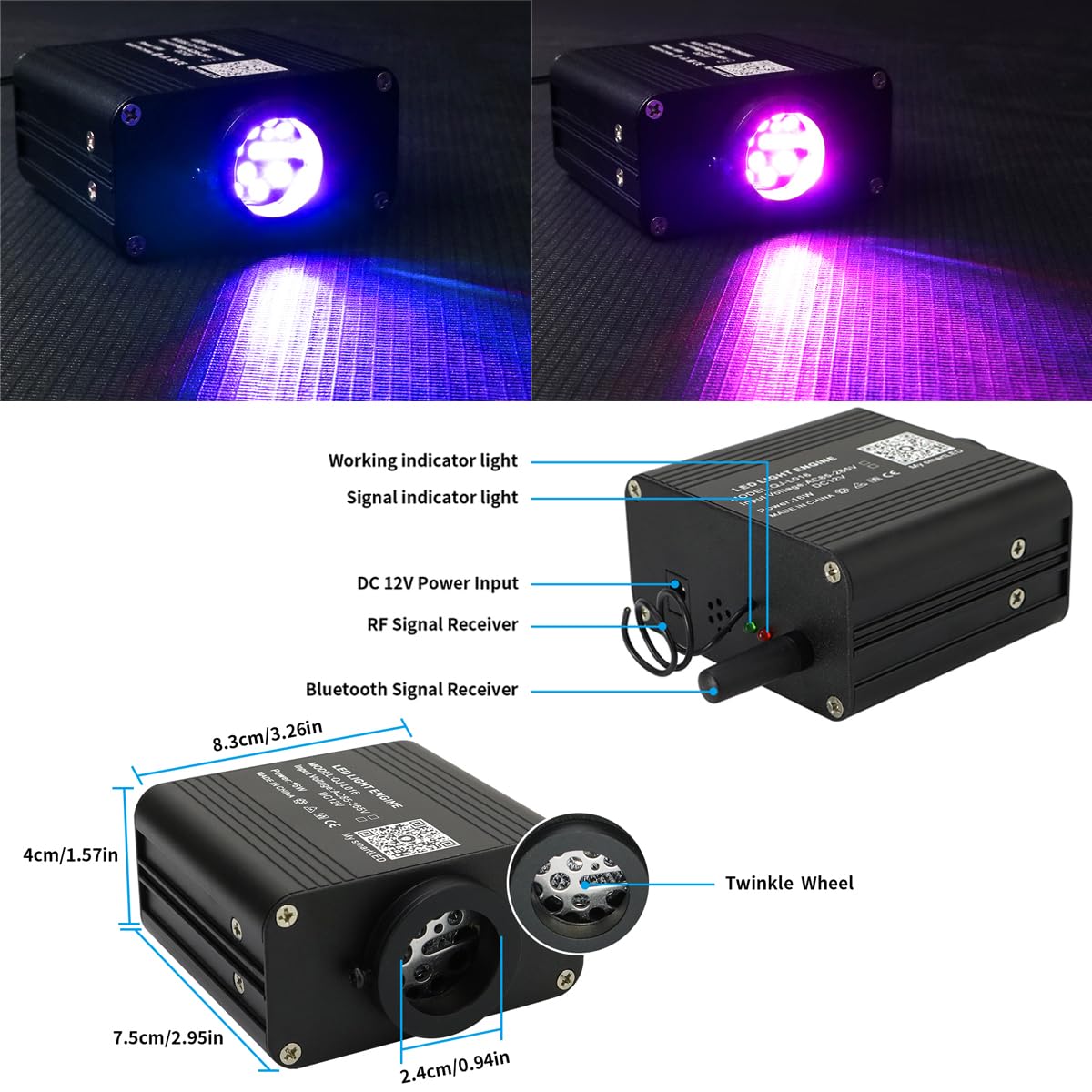 AZIMOM Fiber Optic Starlight Headliner Kit, 500pcs 0.03in 9.8ft, Black, Model USC-Black16WT, Twinkle & Sound Activated