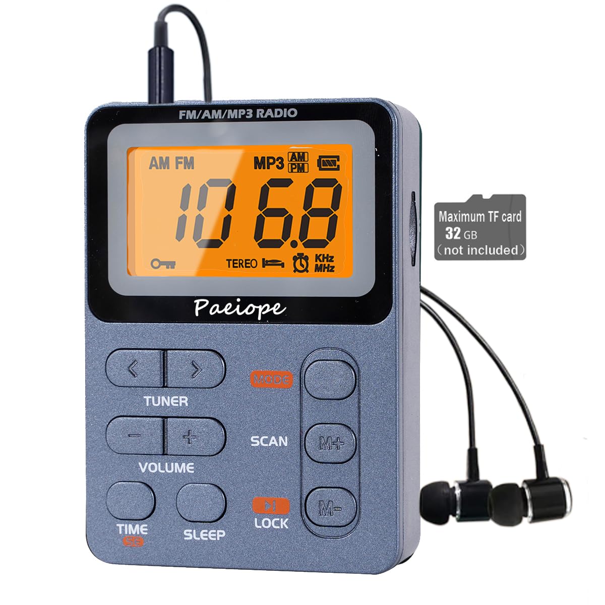 Paeiope Portable Radio Am Fm, Rechargeable Pocket Speaker With Best Reception Digital Tuning, Mp3, Stereo Earphone, Large Lcd Sc
