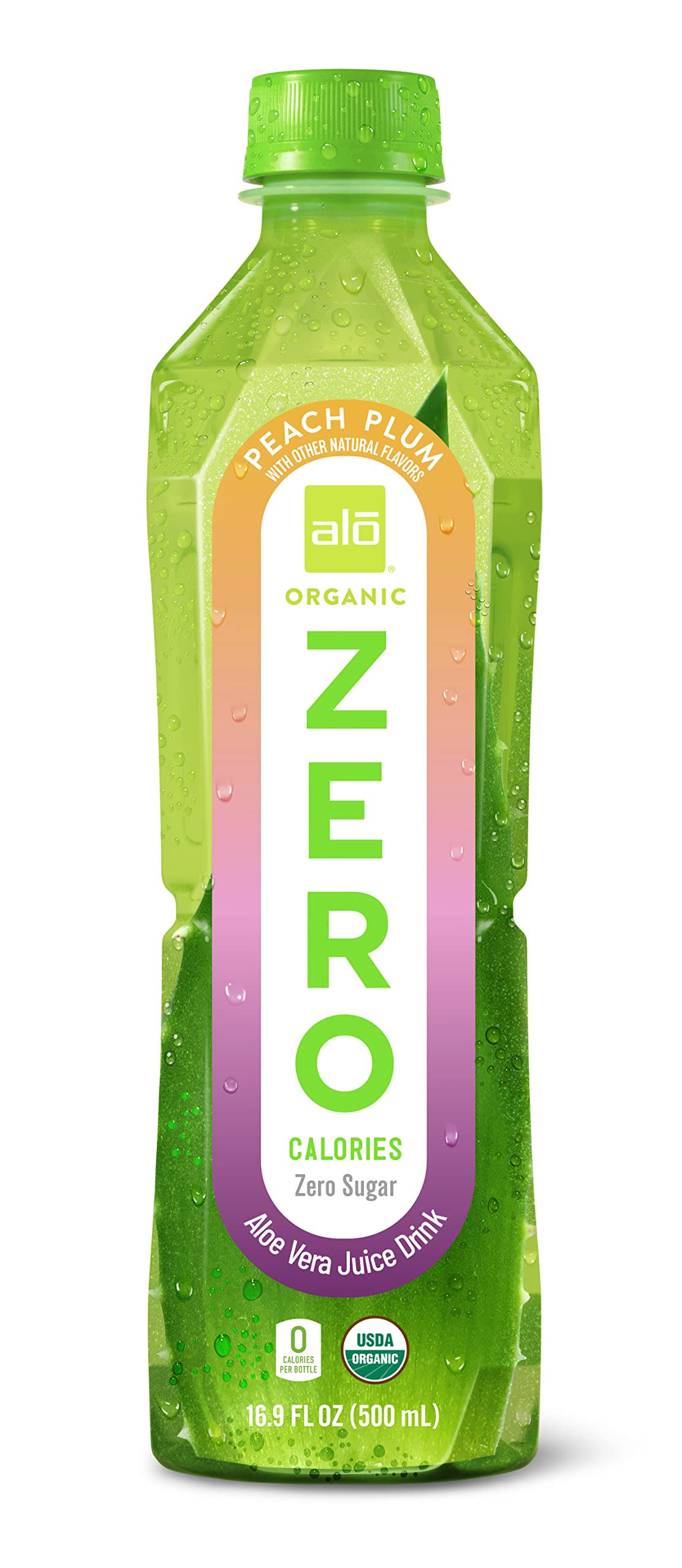 ALO Organic Zero Aloe Vera Juice, Peach + Plum, 16.9 fl oz, Pack of 12, Zero Calorie, Sugar Free Plant-Based Drink