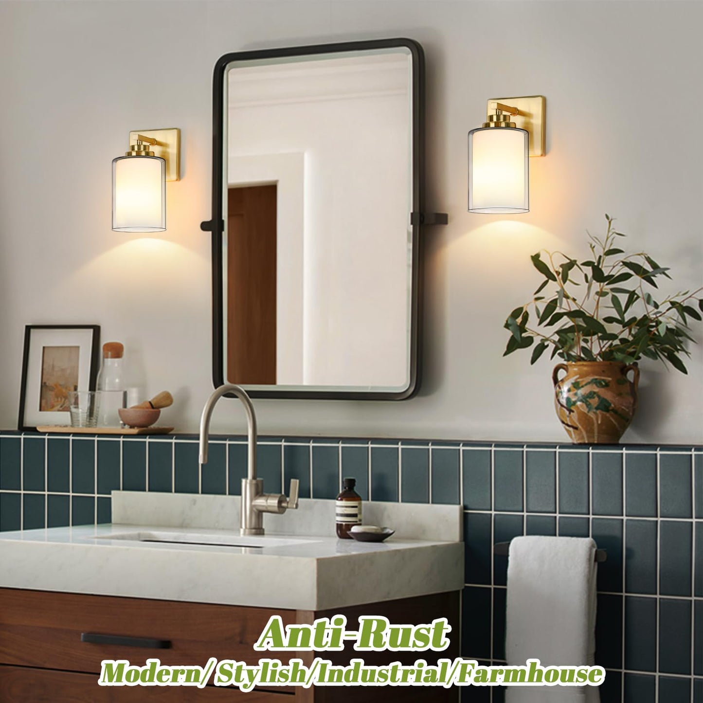 Set Of 2 Wall Sconces For Bathroom  Modern Vanity Light Fixtures  Gold Wall Mount Lighting Lanterns  Farmhouse Wall Lights With Double Clear Glass Shade For Bedroom Living Room Mirror Hallway