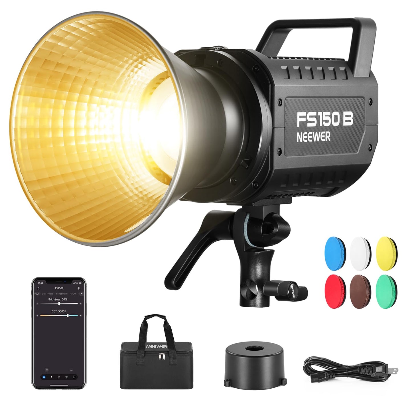 Neewer Fs150B Led Video Light 2.4G/App Control, 130W 2700K-6500K 72000Lux/1M Bi Color Cob Bowens Mount Photography Continuous Ou