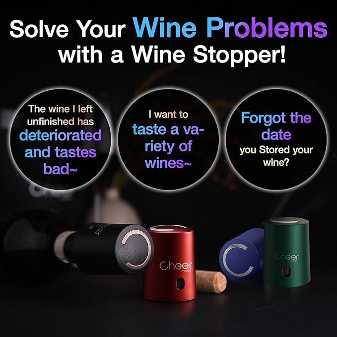CheerModa Vacuum Wine Stopper with Date Display – 7‑Day Wine Preservation Stopper, Silicone Wine Cap & ABS, French Design, 4 Colors (Red-JS15-FBA)