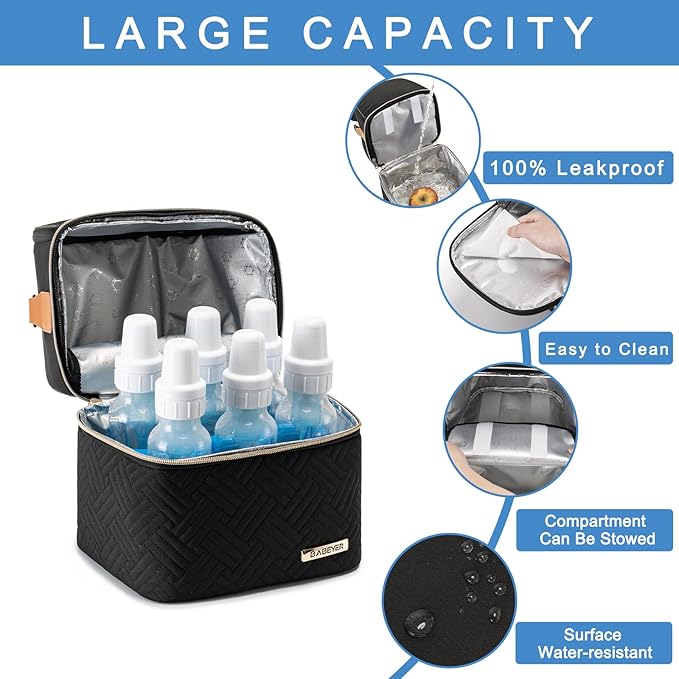 Breastmilk Cooler Bag with Ice Pack Fits 6 Baby Bottles up to 9 Ounce, Breast Milk Pump Cooler Bag with Shoulder Strap for Nursing Mom Daycare, Work, Travel- Black