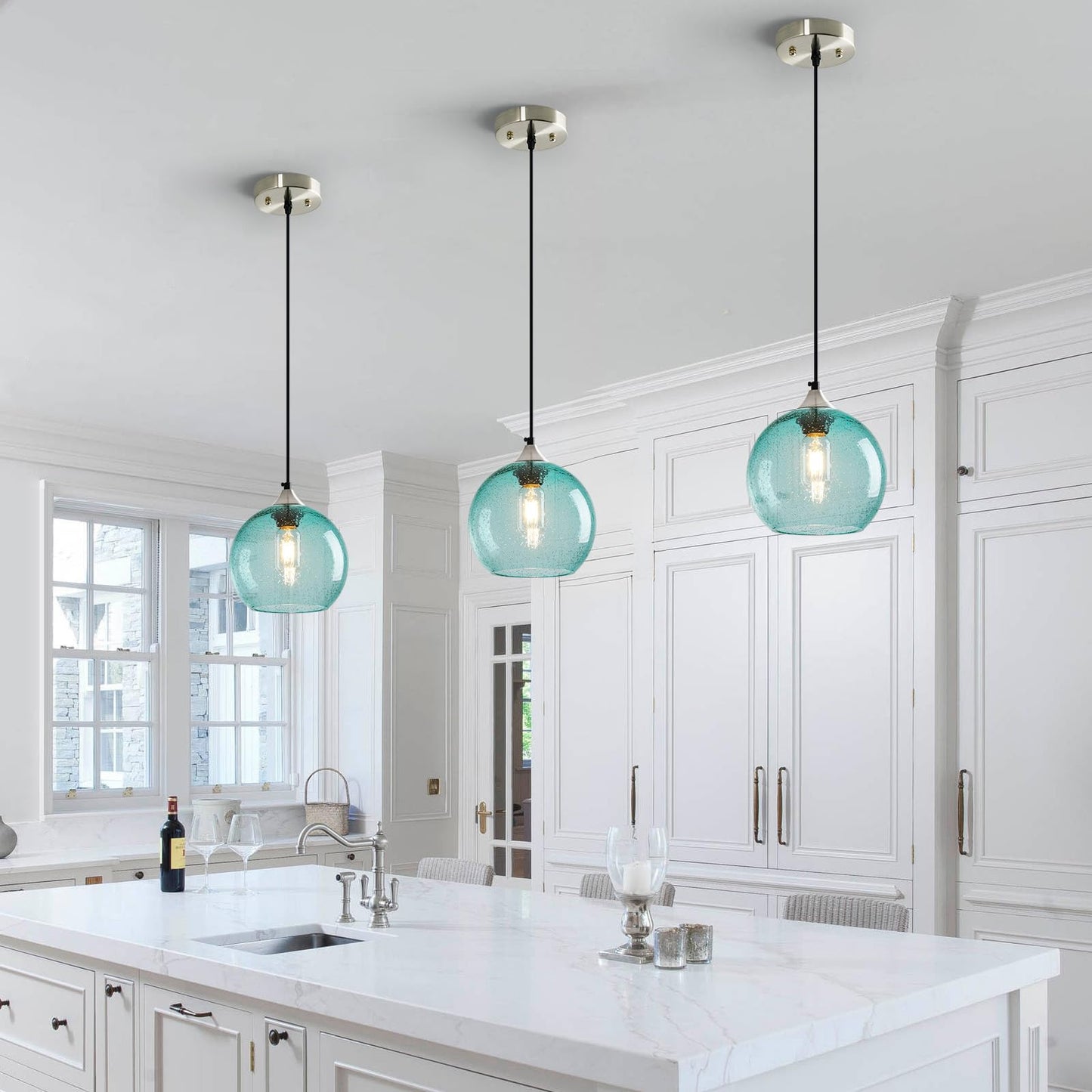 Lbsqj Light Blue Glass Pendant Lights Kitchen Island Lighting Globe Pendant Light Fixtures Modern Pendant Lighting For Bedroom Living Dining Room Light Fixture (7.87 In  2 Pack)