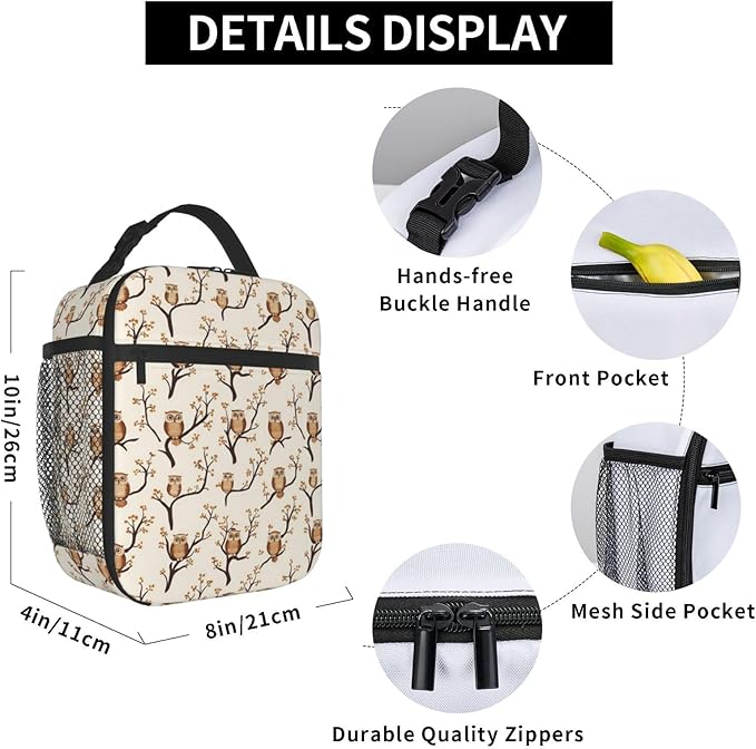Owl Lunch Box Insulated Lunch Bag for kids Girls Boys,Reusable Lunch Box Containers for Women Men,Durable Cooler Tote Bag Lunchbox for Office/School/Picnic