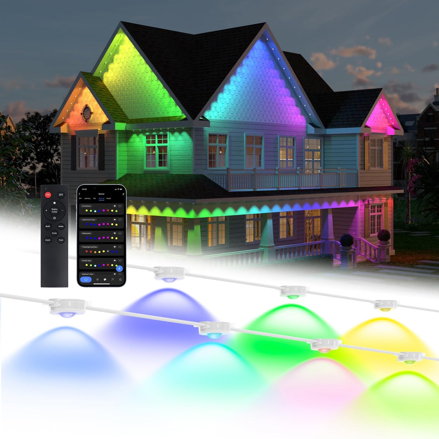 olivilily Permanent Outdoor Lights, 100ft with 60 LEDs Smart RGB, 68+ Scene Modes IP66 Waterproof, Alexa/Google Assistant Compat