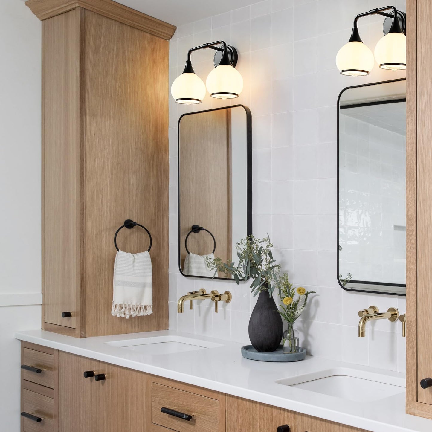 Hahzt 2 Light Black Bathroom Vanity Light Fixtures With Milky White Frosted Glass Shade, Model 8033Ml, Wall Sconce Lighting