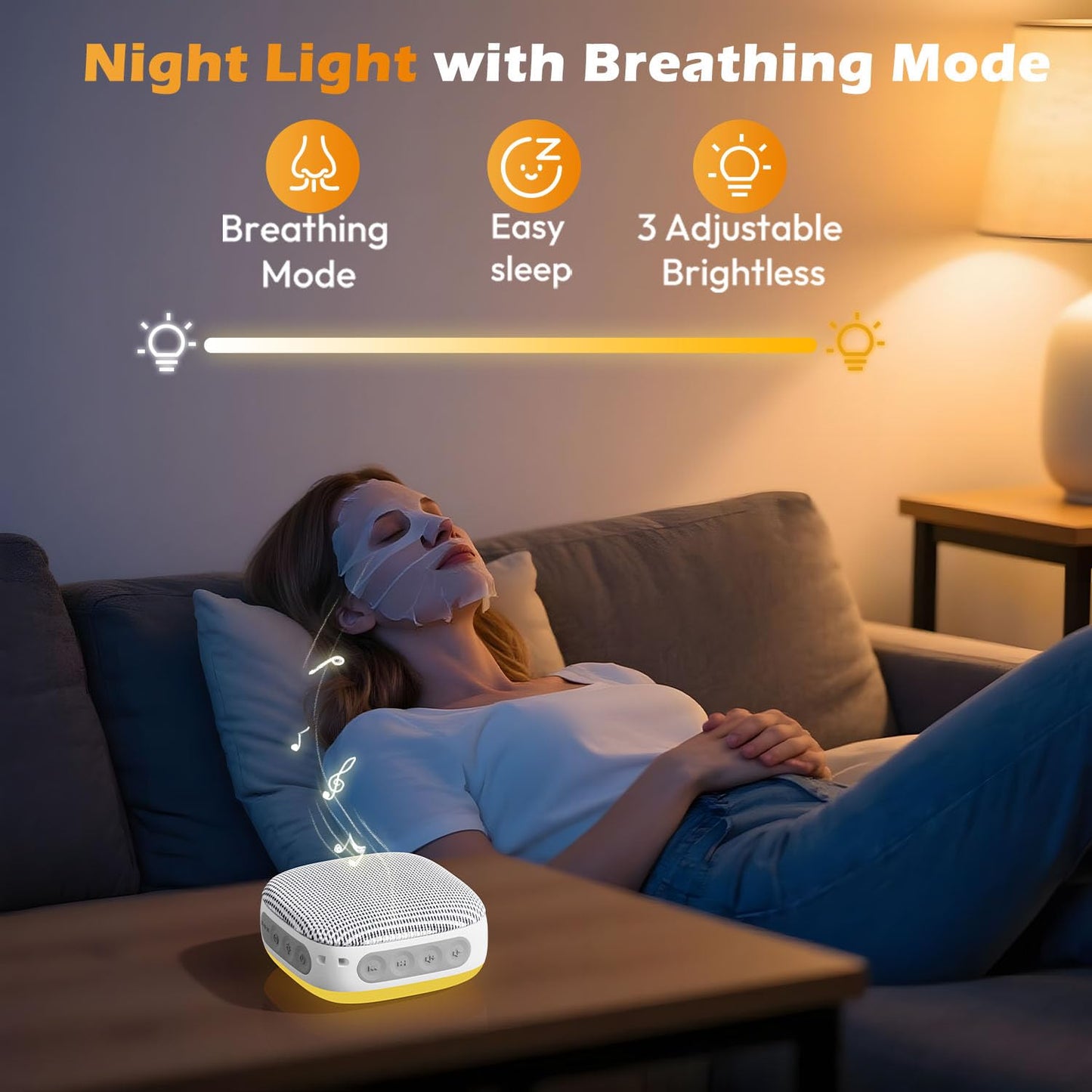 White Noise Sound Machine for Sleeping Adults – with Amber Breathing Night Light, Headphone Jack, 20 Non-Looping Sounds, 52-Hour Battery, Timer & Memory (White)