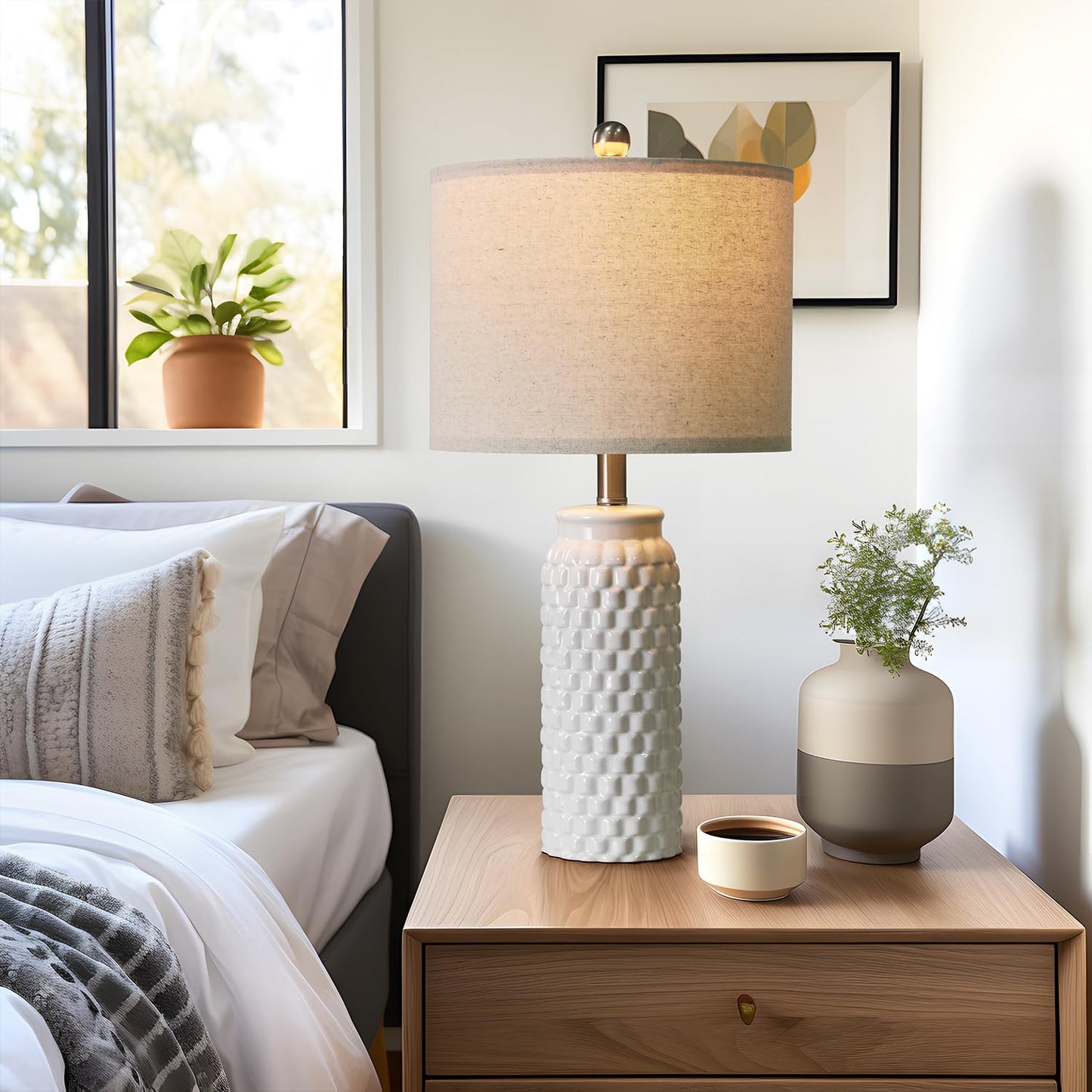 USumkky 24in Ceramic Bedside Lamp Set of 2 - Modern White Table Lamp for Bedroom, Living Room, Office, Model 1092
