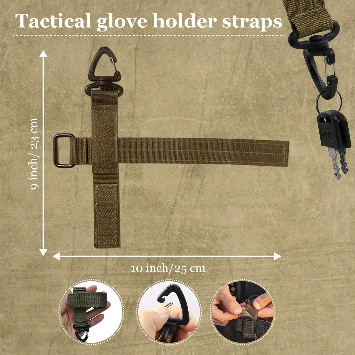 3 Pcs Tan Nylon Tactical Glove Holder Straps with Adjustable Safety Clips for Duty Belts Ideal for Outdoor Work Climbing Rope Storage Hunter Gear Connect Rope Organization 360° Swivel Hook Buckles