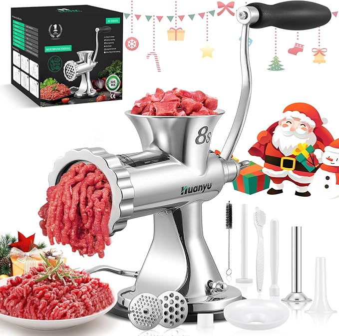 Huanyu Manual Meat Grinder - Heavy Duty Stainless Steel, Effortless Hand Crank for Fresh Ground Beef, Sausages & Pet Food - Compact, Dishwasher Safe - Perfect for Home Restaurant & Outdoor