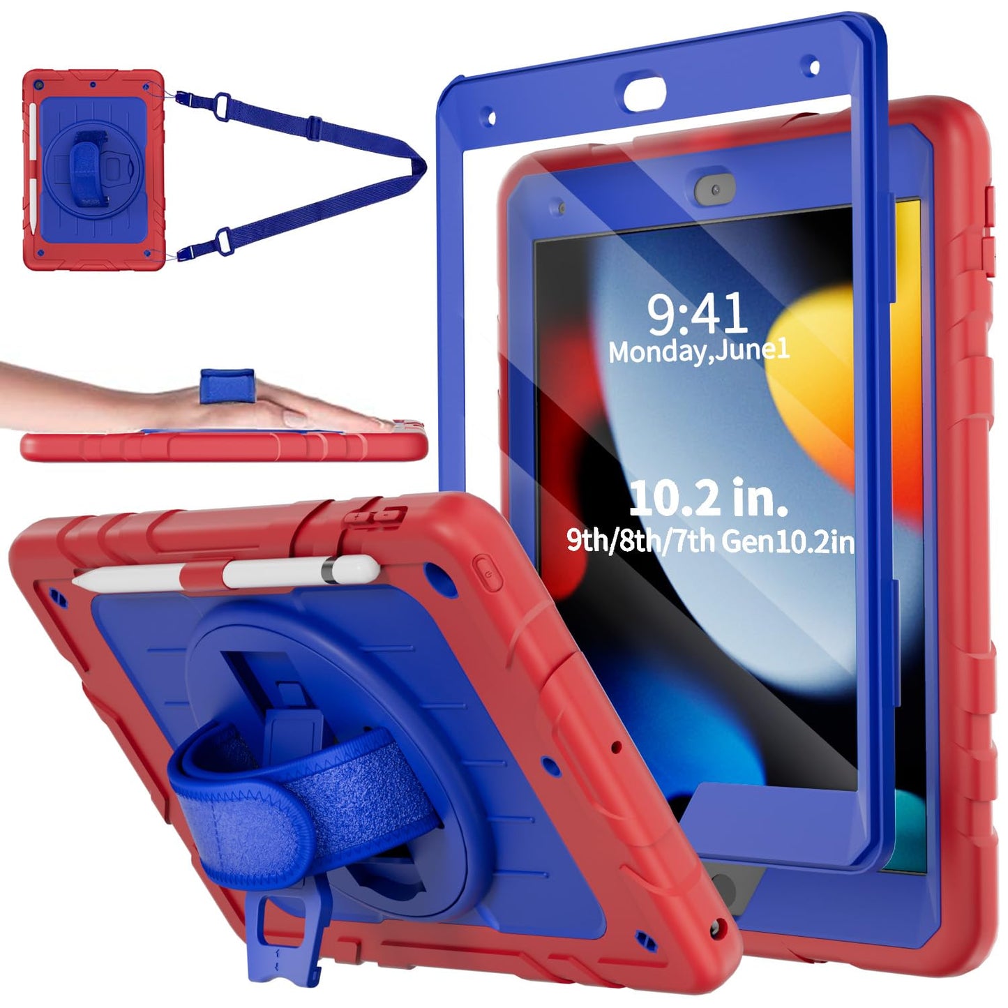 Stweap Case For Ipad 9Th/8Th/7Th Generation-Built-In Screen Protector,With Pencil Holder & 360Rotating Hand Strap,Shoulder Strap