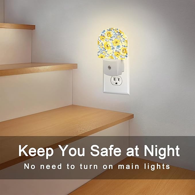 Retro Yellow Blue Flowers Night Light, Watercolor Floral Dusk to Dawn Night Light Plug in,0.5w Energy Saving Sleep Friendly NightLight for Kids Boys Girls Home Decor