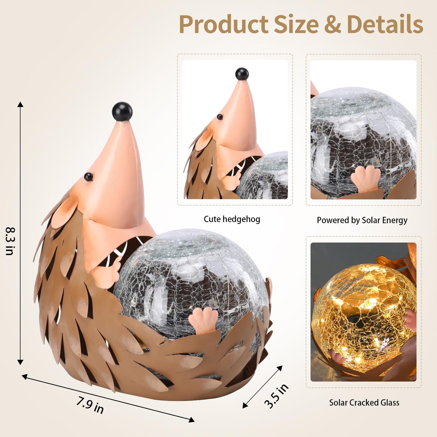 MUMTOP Solar Lantern - Waterproof Hedgehog Outdoor Light, Metal Garden Decor, Brown, Model 4822111
