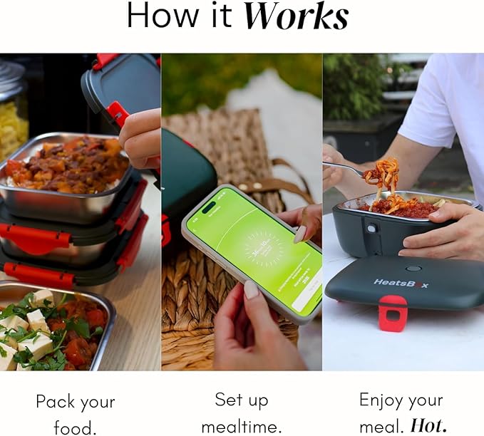 HeatsBox Go Cordless Electric Lunch Box 100W | Rechargeable Self Heating Container | App Control | 3.9 cups Battery Operated Food Warmer for Adults | Car, Truck, Office, Travel | 5V,12V,24V,110V