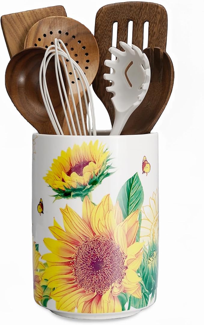 Sunddo Sunflower Utensil Holder, 6.7" Large Utensil Crock, Ceramic Cooking Utensil Holder for Kitchen Counter, Utensil Organizer for Kitchen Decor