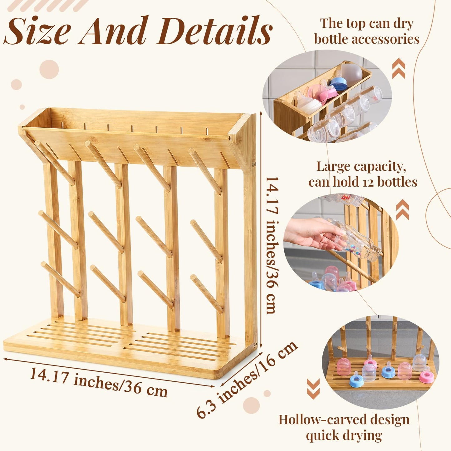 Geelin Bamboo Baby Bottle Drying Rack for 12 Bottles Large Vertical Baby Bottle Dryer Holder with Wooden Clean Brush Coconut Fibre Brush for Saving Space Busy Parents Quick Drying Easy Cleanup Storage