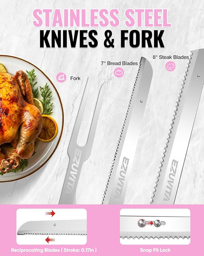 8V Cordless Electric Knife Set, Rechargeable Electric Carving Knife with Reciprocating Stainless Steel Blades for Meat & Bread, Fork Included, Equipped with interchangeable 2000mAh Large Capacity Battery, Ergonomic Handle and Safety Lock for Turkey, Me...