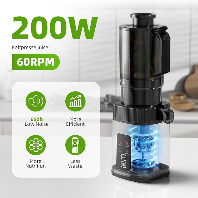 Crzoe Cold Press Juicer with a 4.35 Wide Feed Chute for Whole Fruits and Vegetables, Button control, Slow Masticating juicer, Easy to Clean Low noise and High juice Yield, Stainless Steel
