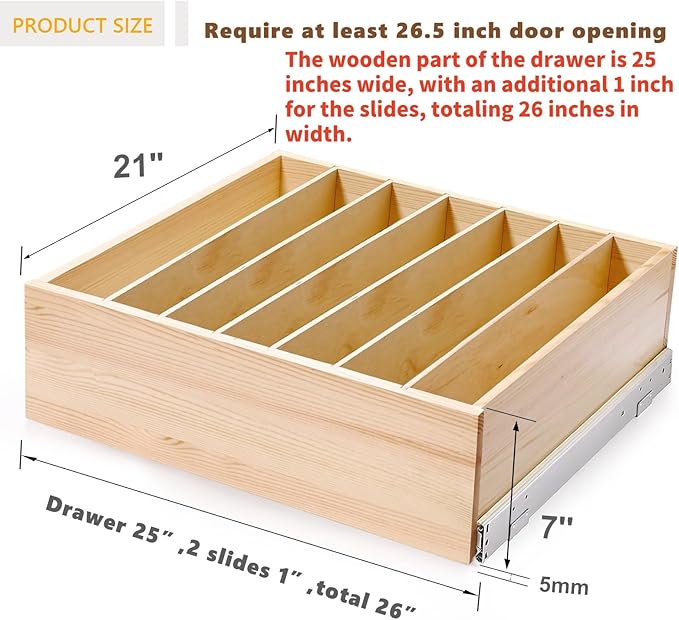 Pull Out Cabinet Organizer with Divider, 26''W×21''D×7''H Soft Close Wood Drawer for Kitchen Pantry, Finished, Heavy-Duty, Bottom Assembly (Wood Drawer Part Width is 25'')