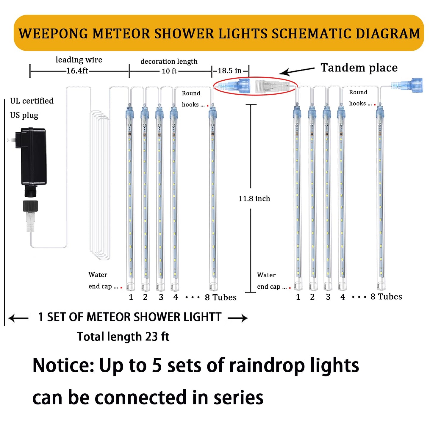 Weepong 12Inch Blue Meteor Shower Lights - Ul Certified Cascading String Lights For Outdoor Christmas Tree & Garden Decor, 8 Tubes