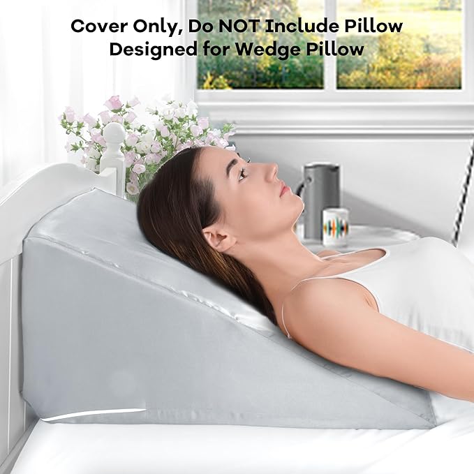 HOMBYS Satin Bed Wedge Pillow Cover Silky & Smooth Wedge Pillowcase 1 Pack 24x24x12, Soft & Breathable, Removable & Machine Washable-Zipper Design (Pillow Not Include), Light Grey