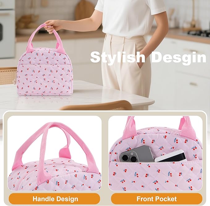 Lunch Bag for Women Insulated Lunch Box Reusable Cooler Bag Portable Cute Quilted Cotton Bag Leakproof Tote Bags for Travel, Work, and Picnic, Mini Cherry