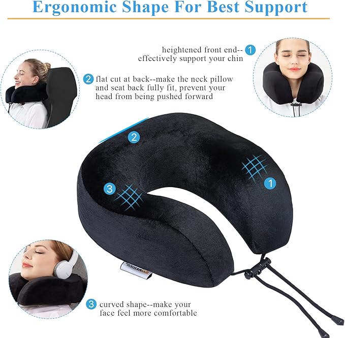 SAIREIDER Neck Pillows for Travel 100% Memory Foam Adjustable Travel Pillows with Storage Bag, Sleep Mask and Earplugs-Prevent The Heads from Falling Forward (Black)