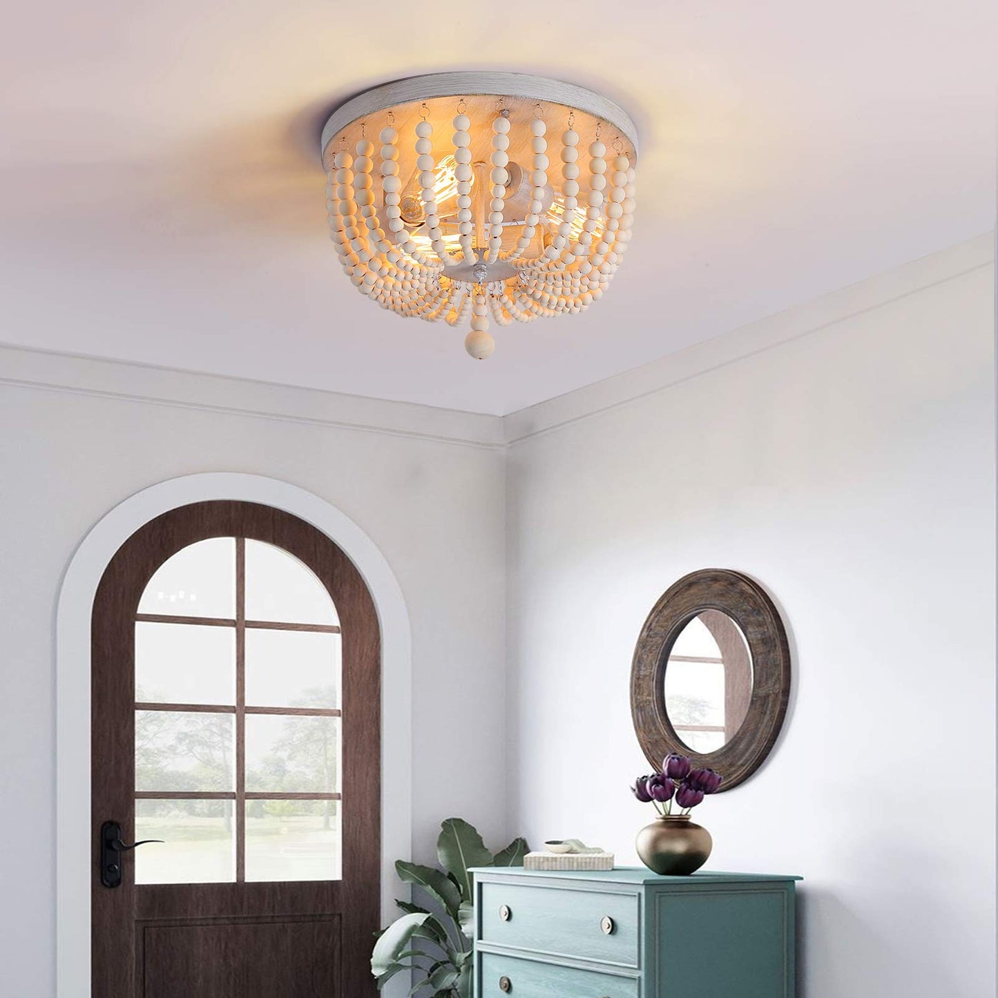 Q&S Wood Beaded Chandelier - Boho Farmhouse Light Fixture, 3 Lights, Oak White, Semi Flush Mount For Hallway, Nursery, Bedroom, Living Room