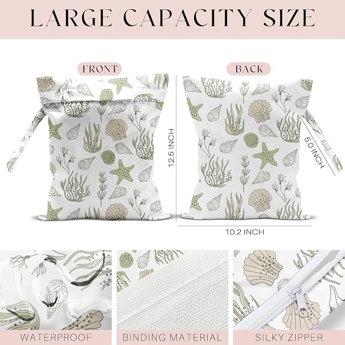 Wet Bag for Swimsuit, Beach Travel Essentials Wet Dry Bag, for Sunscreen Toiletry Dirty Clothes Yoga Gym Diaper, Friends Summer Beach Vacation Gifts. Starfish shells seaweed