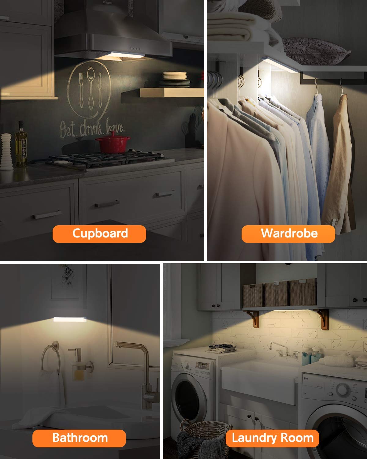 Priorare Motion Sensor Led Under Cabinet Light, 30Led, Warm White, Rechargeable Battery Operated, 2 Pack, Smd2835, Plastic & Aluminum
