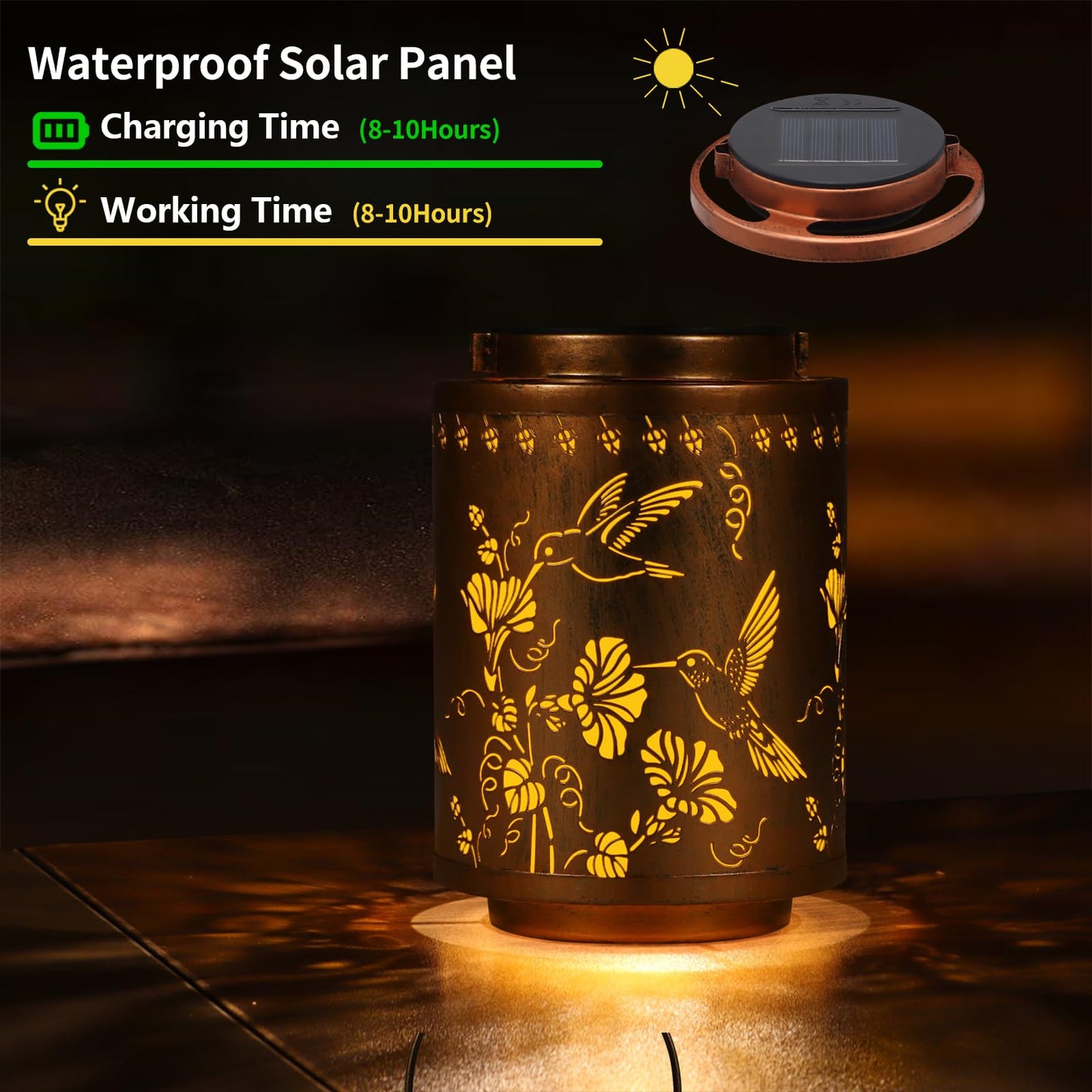 Tepaken Solar Lantern - Outdoor Waterproof Metal Hanging Light for Garden Decor, Hummingbird-205, Gold