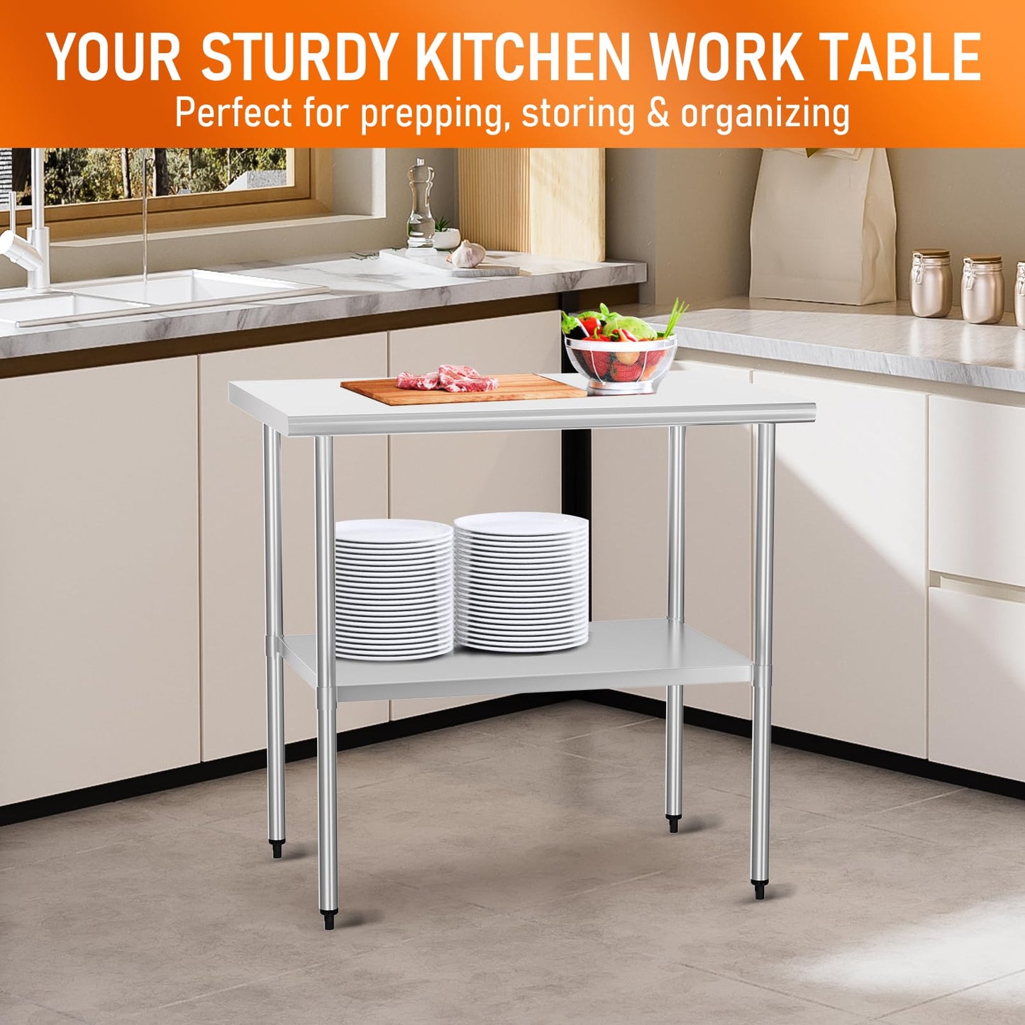 HOCCOT Stainless Steel Table for Food Prep & Work 24 x 36 inches Utility Table with Adjustable Undershelf, Commercial Workstation in Kitchen, Garage, Outdoor BBQ