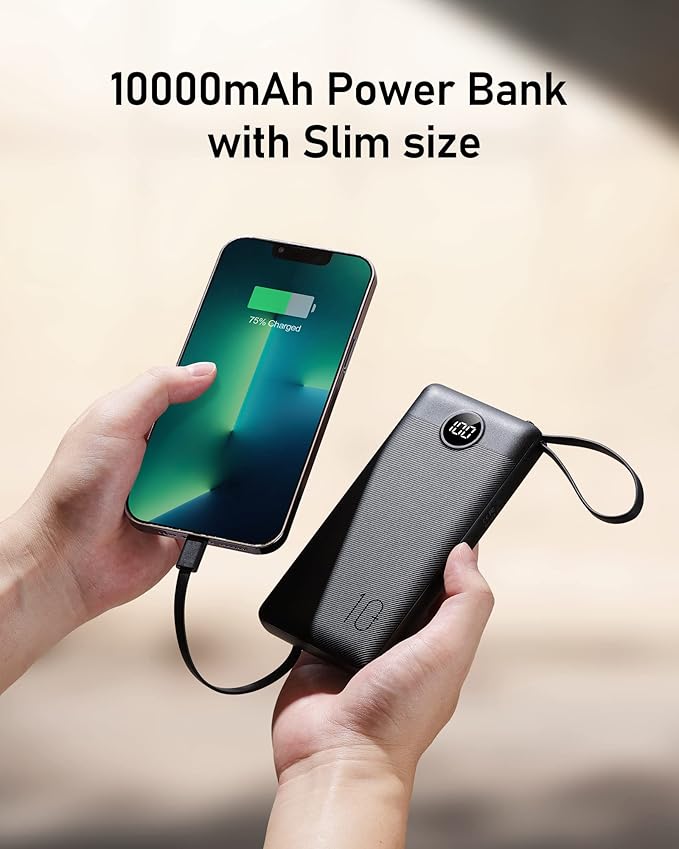 VEEKTOMX Portable Charger with Built-in Cables, 10000mAh Power Bank for iPhone, Slim Fast Charge USB C Battery Pack, Travel Essentials Powerbank Compatible with iPhone 15/14/13, Samsung, Android, etc