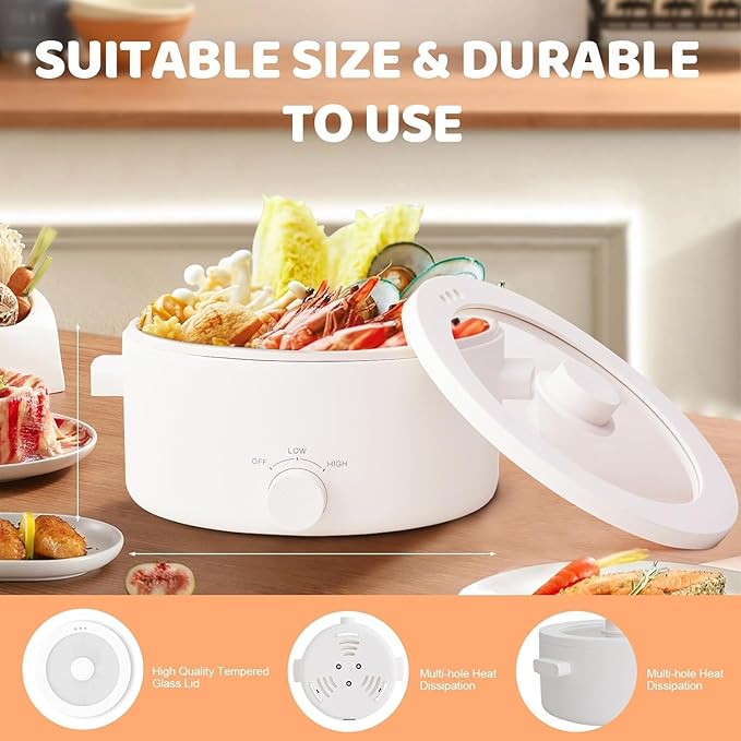Electric Hot Pot, 3L Portable Electric Pot with Ceramic Non-stick Coating, Dual Power Multi-functional Romen Cooker for Steak, Pasta, Hot Pot, Ramen, Quick Heating and Overheat Protection