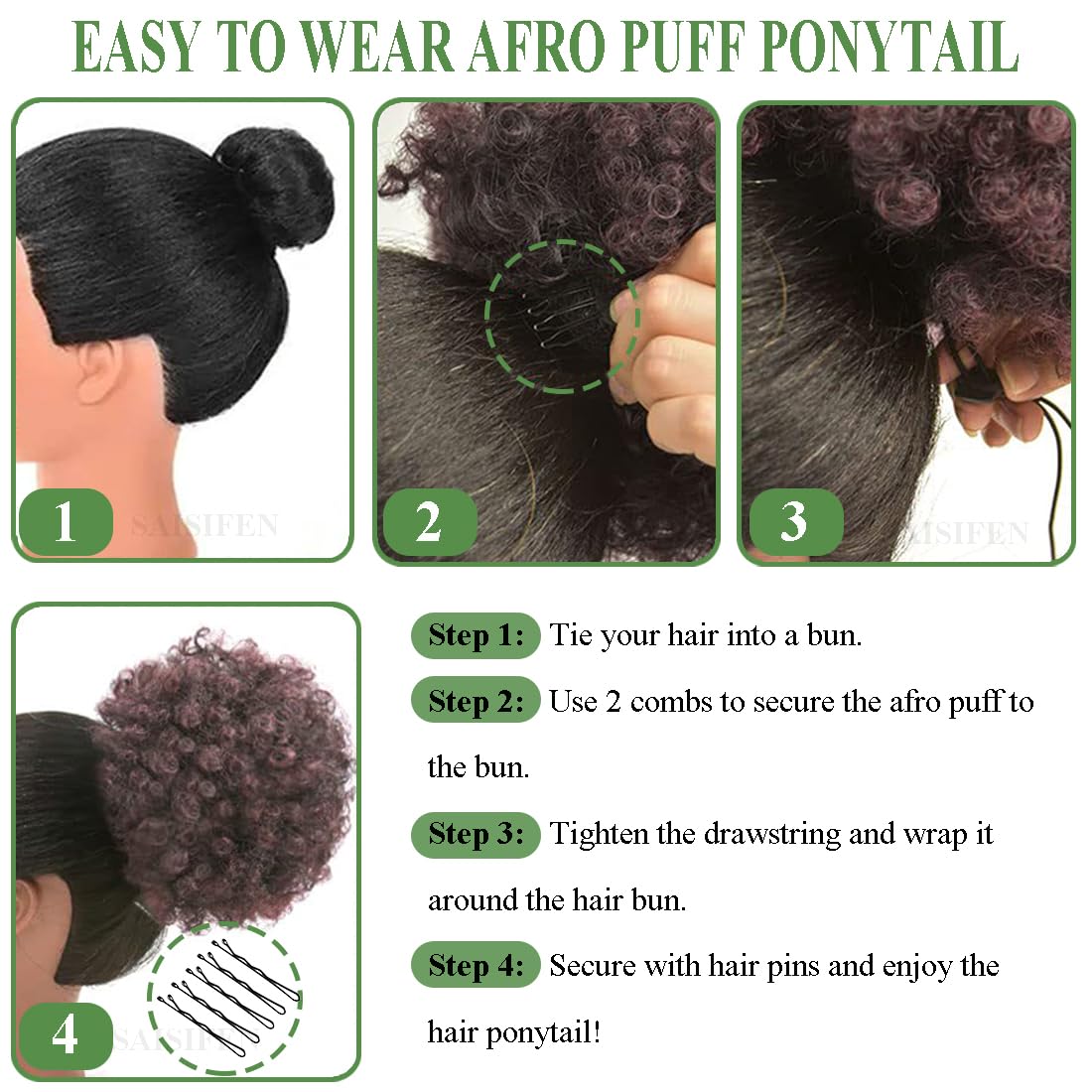 Saisifen Afro Puff Drawstring Ponytail with Clip on for Black Women Bun Afro Curly Hair Pieces with 10 pcs Hair Pins (Diameter 8