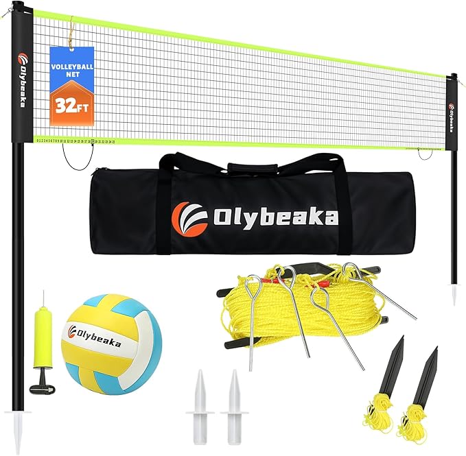 32ft Regulation Size Portable Outdoor Volleyball Net Set System for Backyard Beach with Height Adjustable Poles, PU Volley...