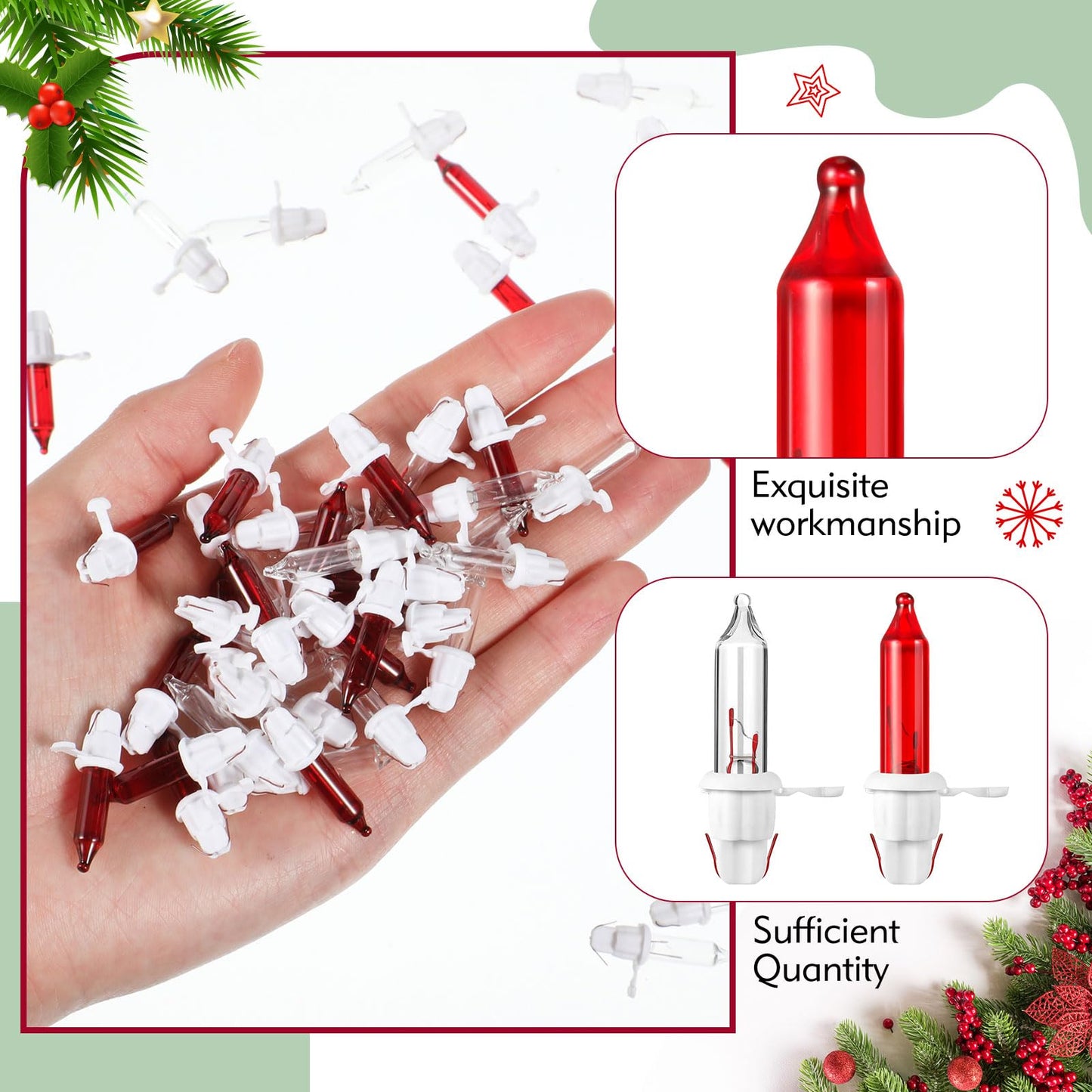 Mudder 60 Count Christmas Tree Replacement Light Bulbs 2.5V 0.425 Watt Replacement Bulb Mini Incandescent Wire String Lights Decoration For Prelit Xmas Tree(White Base With Red White Bulbs)