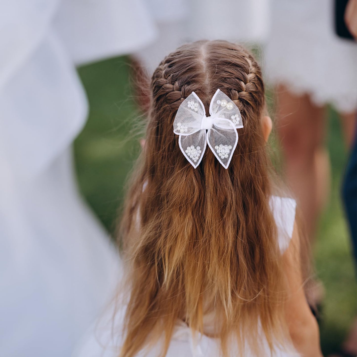 White Pearl Fable Hair Bow Clips for Flower Girls Wedding 4  Mesh Tulle Ribbon Shaker Bow Alligator Hairpins Toddlers Kids Pagea