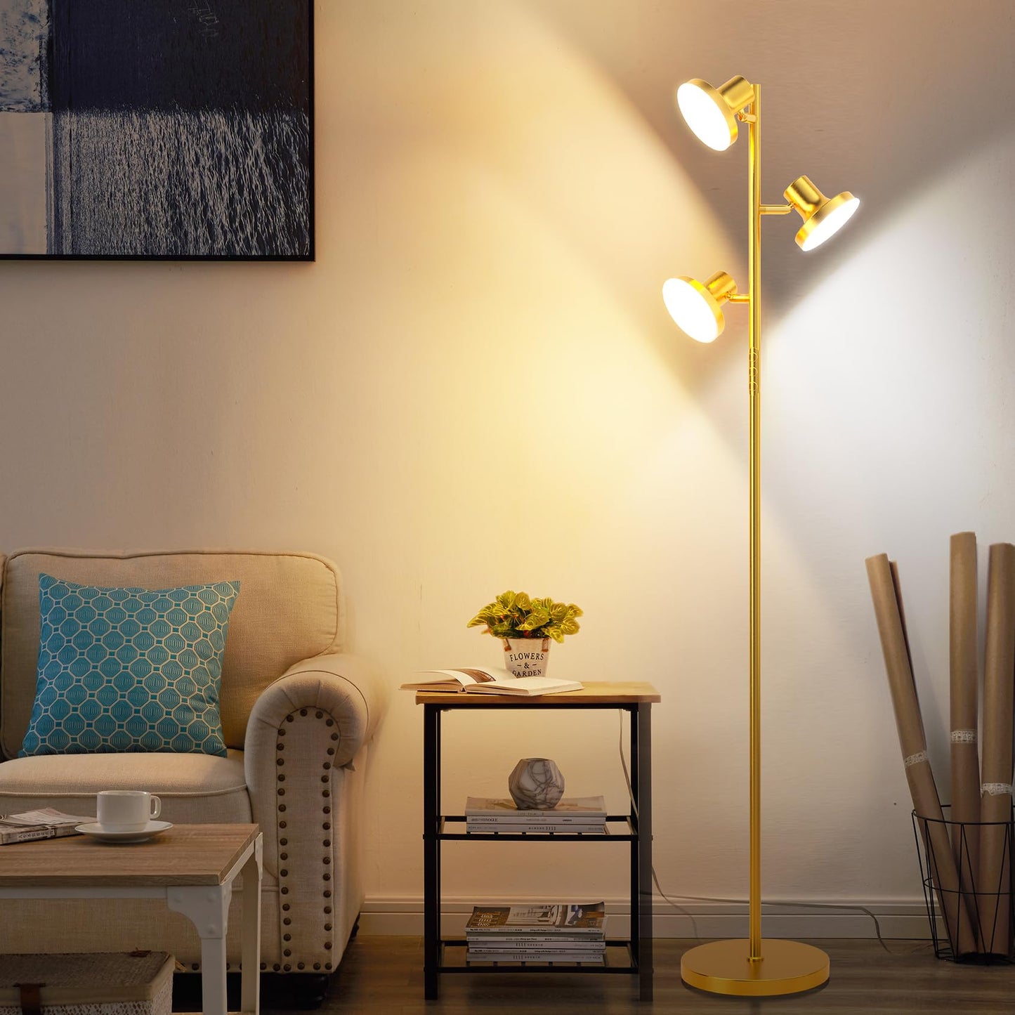 SIBRILLE 36W LED Tree Floor Lamp, Dimmable with Remote & Touch Control, Gold, Model FLH-036-F1