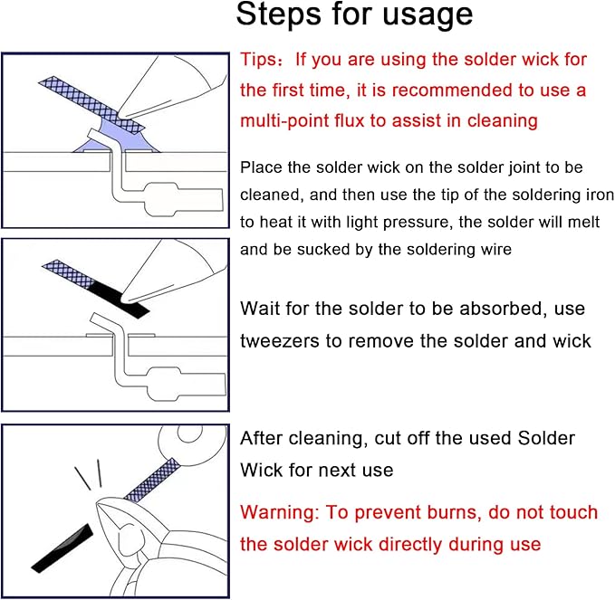 Solder Wicks braid，Solder Sucker，10ft Length 3 Pieces No-Clean Desoldering Braided Wicks. Solder Removal Tool，Desoldering Wick Used to Remove the Solder and Disassemble Electrical Components