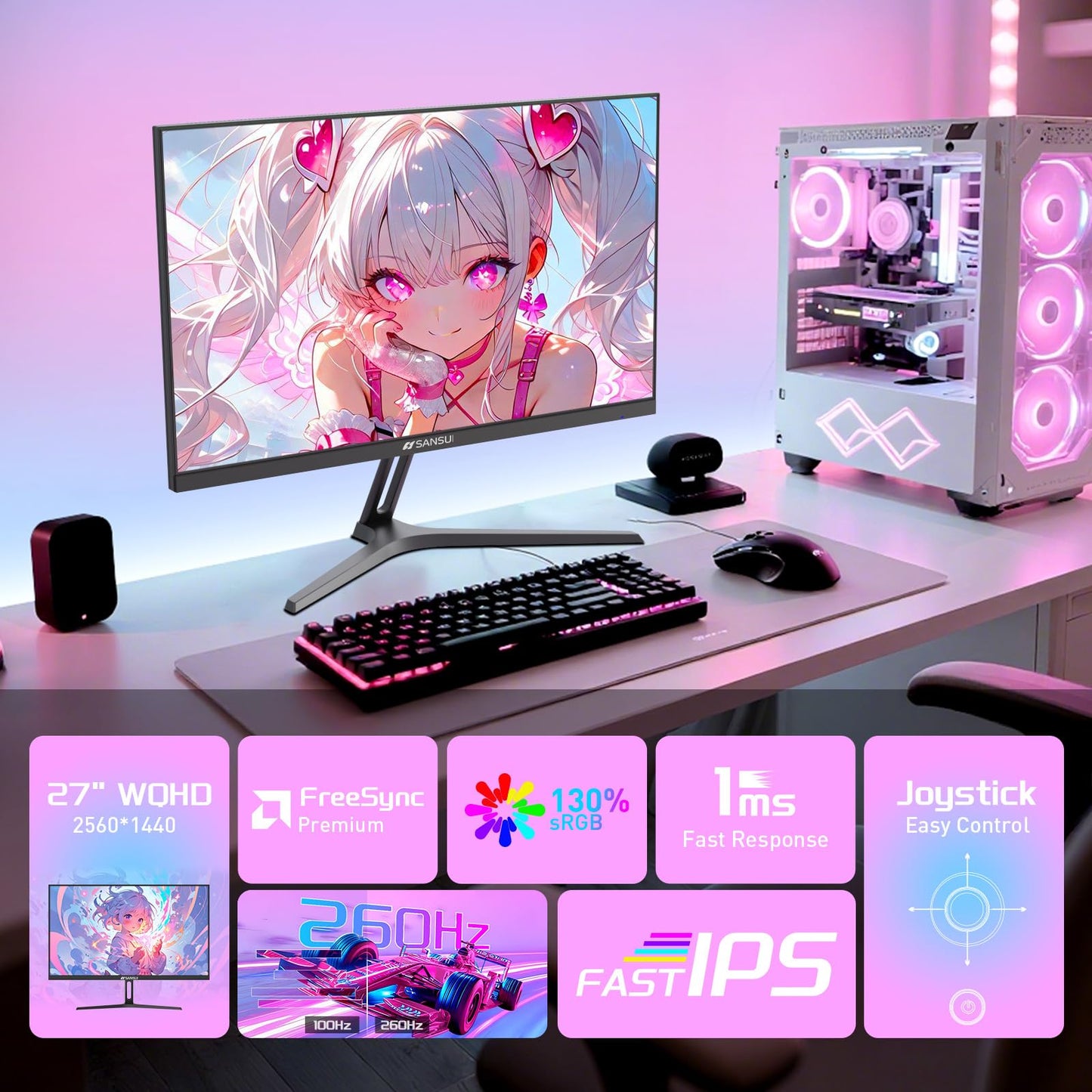 Sansui 27 Inch Wqhd 1440P Gaming Monitor 240Hz Up To 260Hz-Fast Ips 1Ms Freesync Premium ?Dci-P3 98% ?Srgb130% ?Hdr10 ?2  Displa