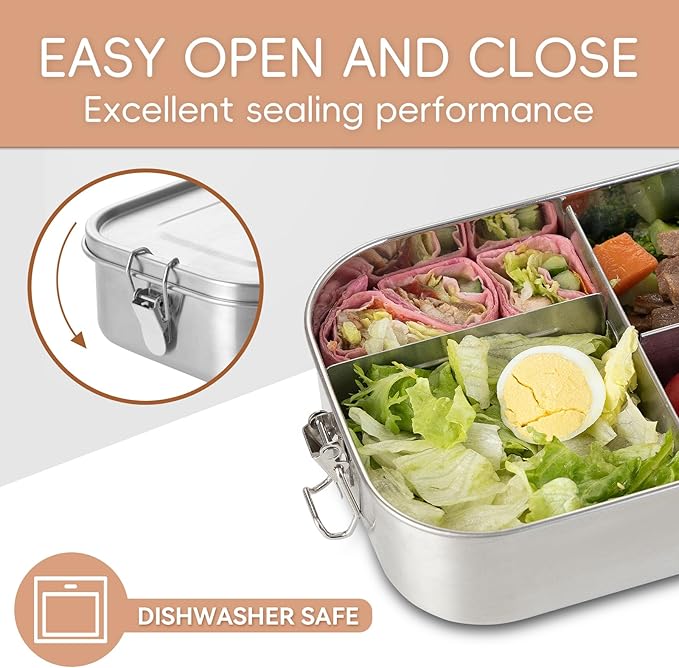 GOLDEN KEY 40QZ Stainless Steel Bento Box for Kids, 1200ml Metal Lunch Box for Kids or Adults,Stainless Steel Food Storage Containers with Lids and Lockable Clips for Travel, Work