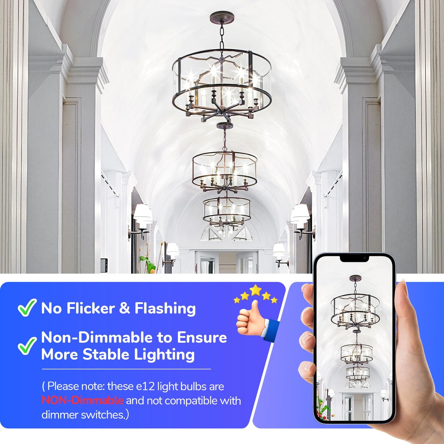 MAXvolador E12 LED Candelabra Bulb 40W Equivalent, 500LM Chandelier Light Bulb, Daylight White 5000K, B11 Filament Clear Glass Candle Base Light Non-Dimmable, 12 Pack